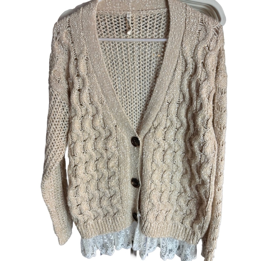 POL Oversized Cable Knit Cardigan With Lace Trim Tan-Medium